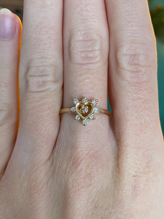 Vintage Solid 14k Yellow Gold Diamond Heart Ring - Size 7.5