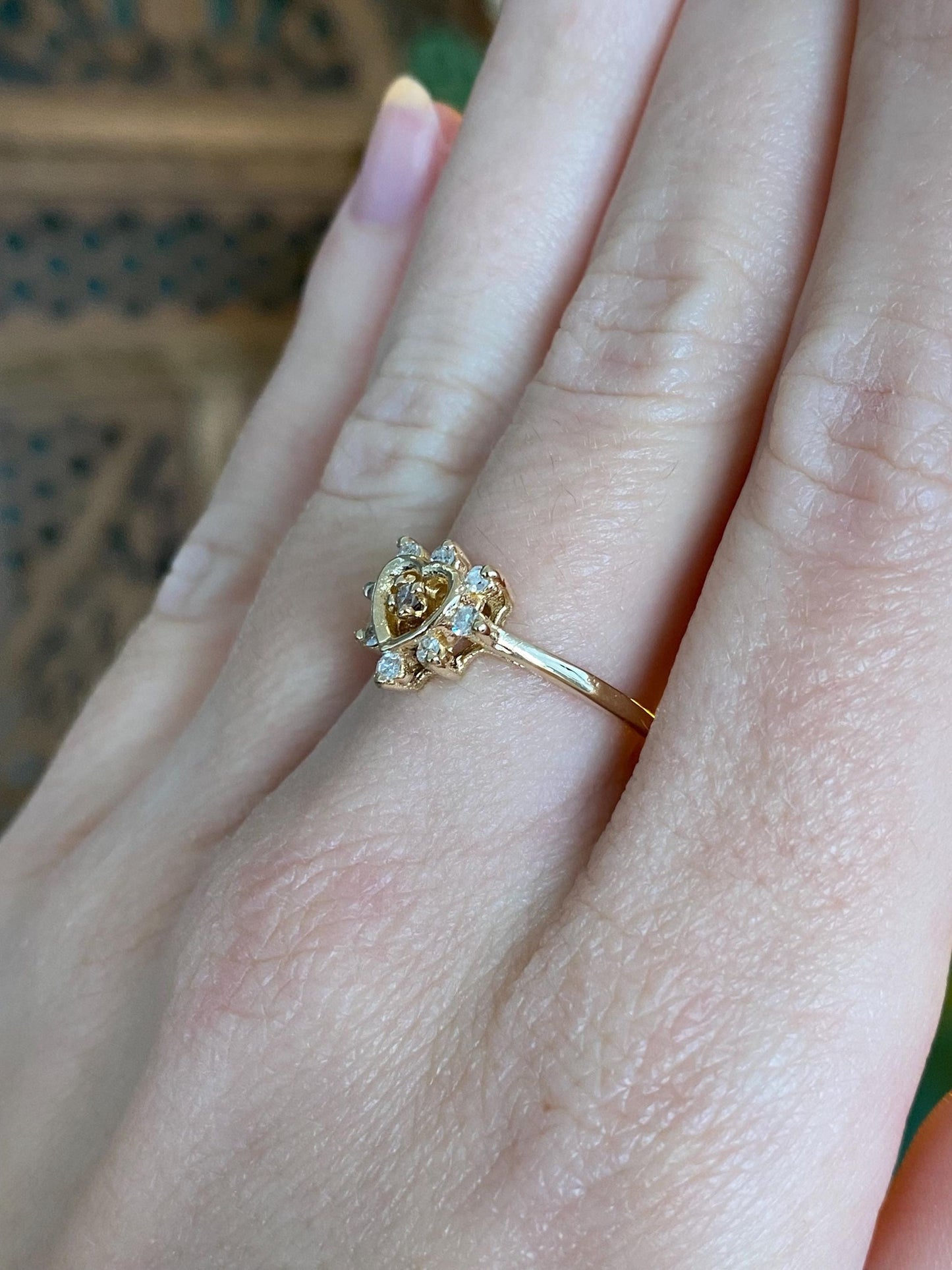 Vintage Solid 14k Yellow Gold Diamond Heart Ring - Size 7.5