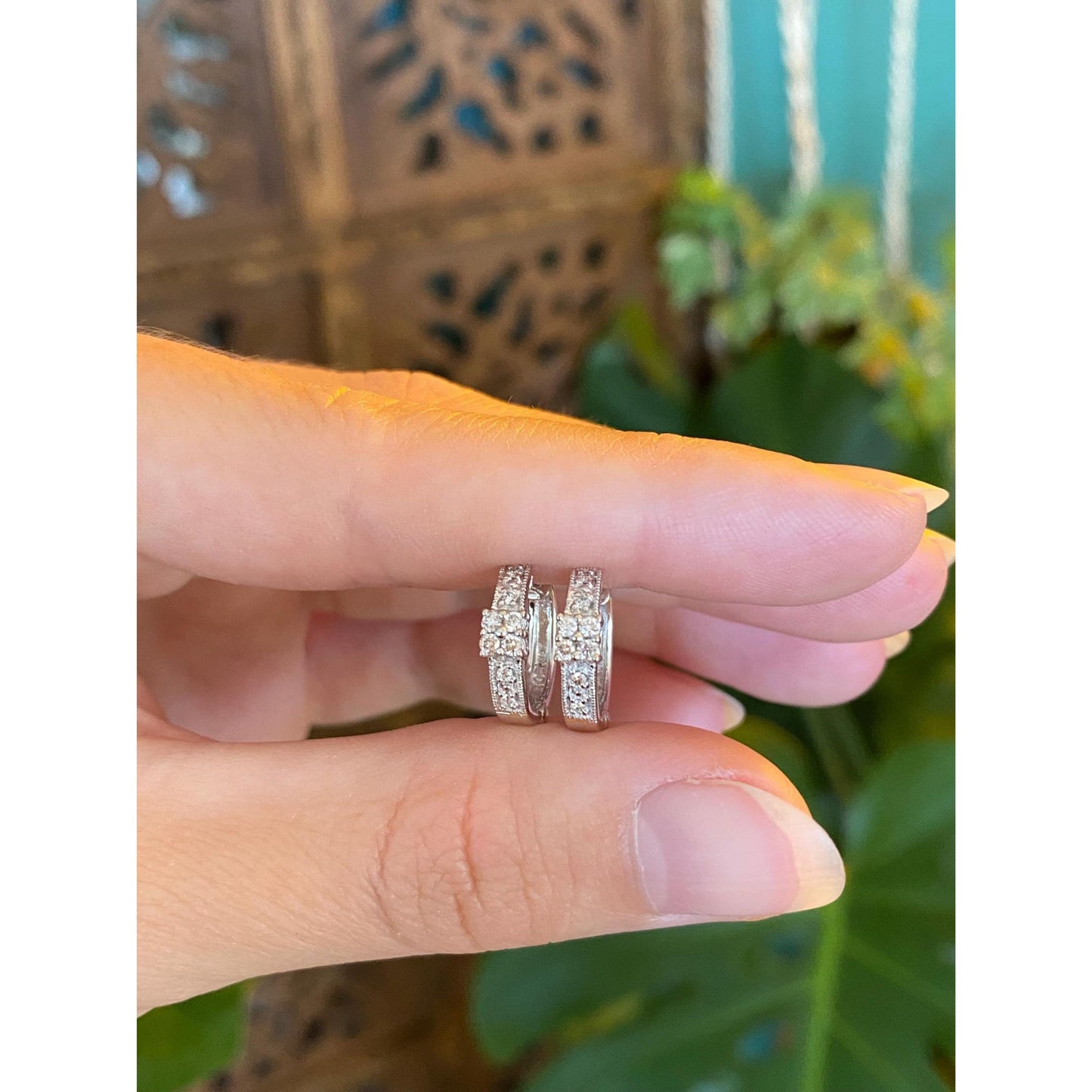 Vintage Solid 14k White Gold Diamond Hoop Earrings