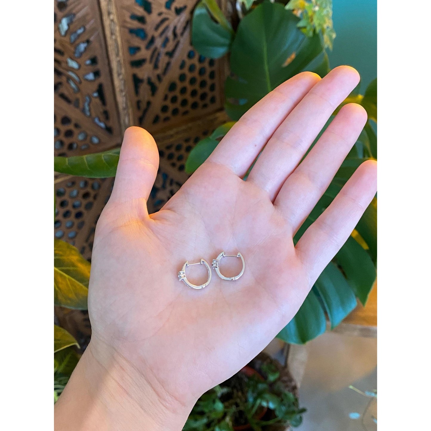 Vintage Solid 14k White Gold Diamond Hoop Earrings