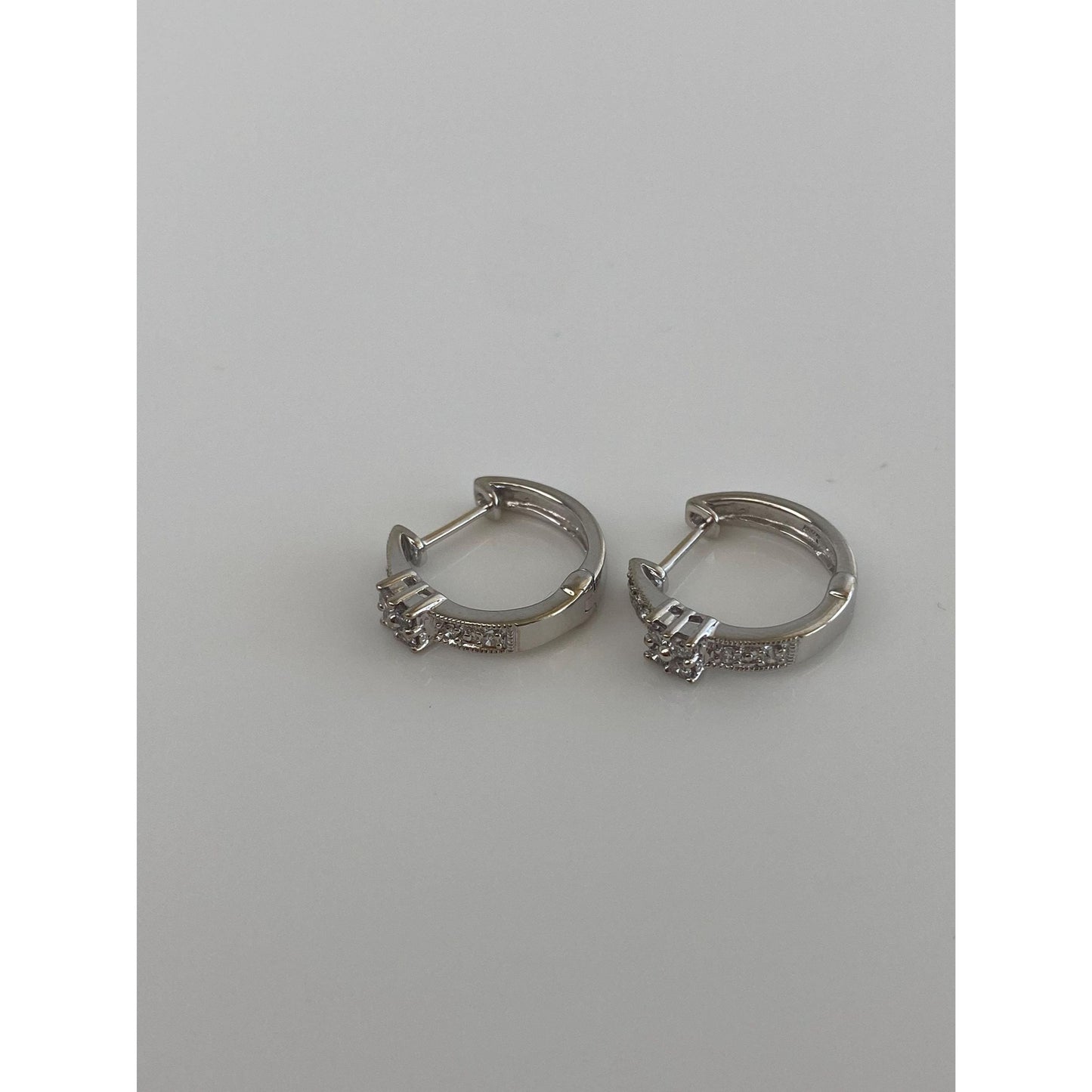Vintage Solid 14k White Gold Diamond Hoop Earrings