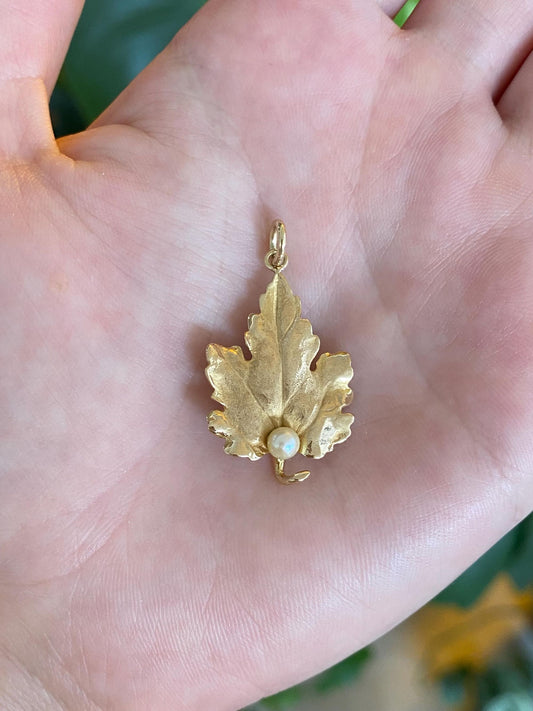 Vintage Solid 14k Yellow Gold Pearl Leaf Charm
