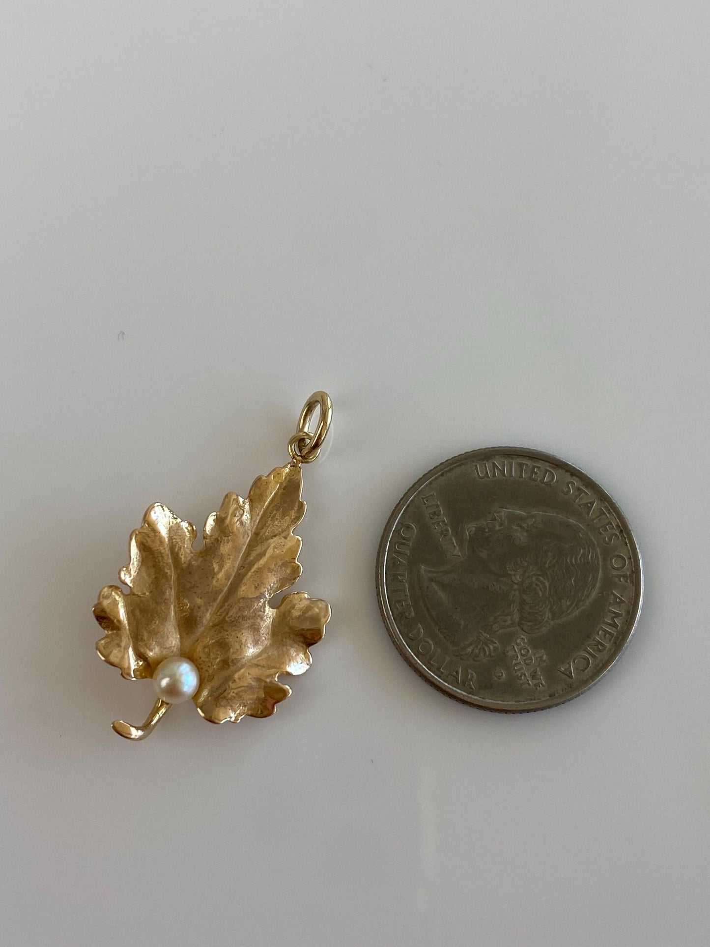 Vintage Solid 14k Yellow Gold Pearl Leaf Charm