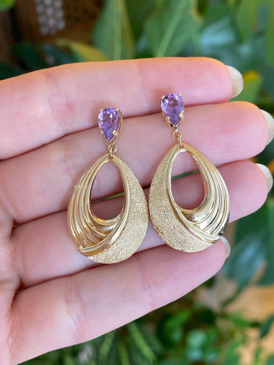 Vintage Solid 14k Yellow Gold Amethyst Sparkly Teardrop Dangle Stud Earrings
