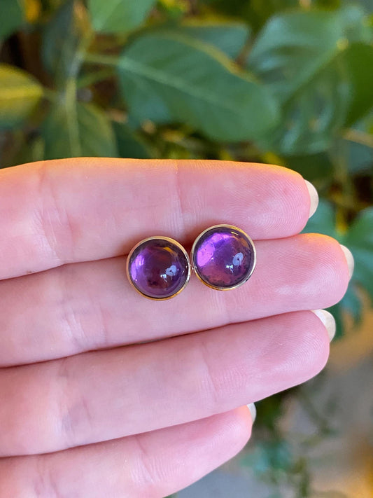 Vintage Solid 14k Yellow Gold Purple Quartz Cufflink Stud Earrings