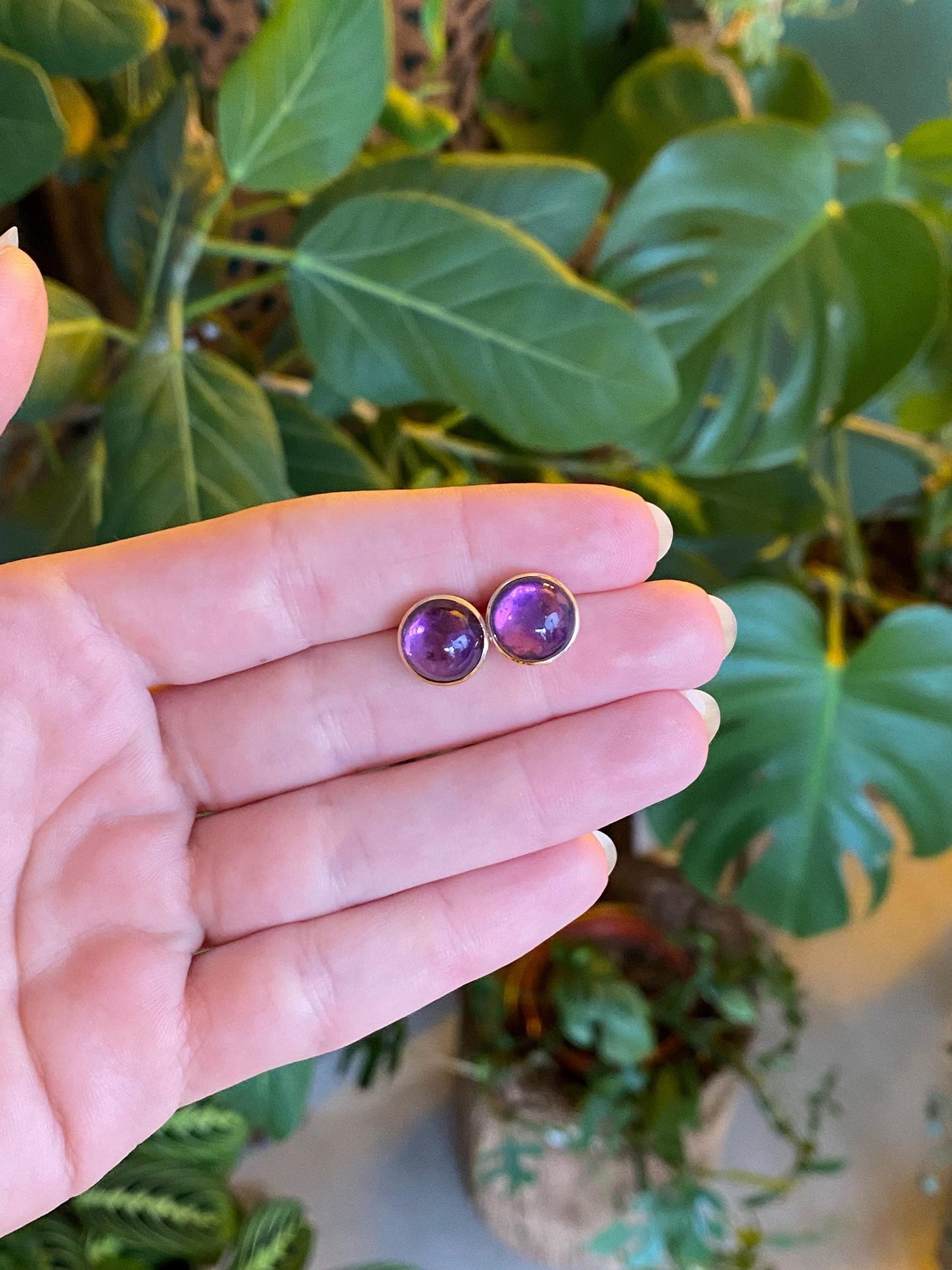 Vintage Solid 14k Yellow Gold Purple Quartz Cufflink Stud Earrings