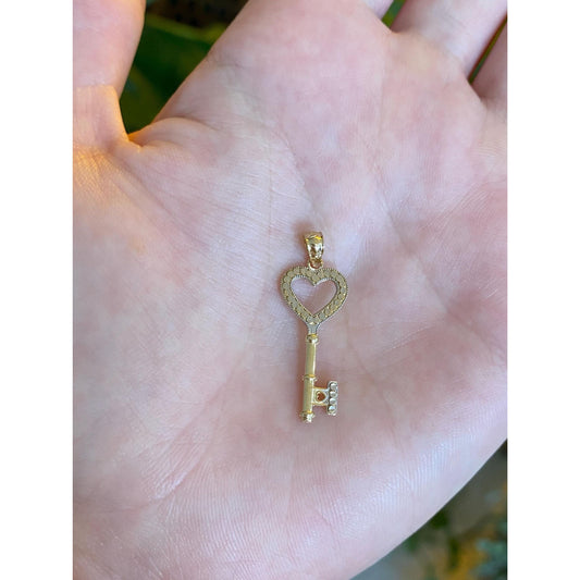 Vintage Solid 14k White & Yellow Gold Diamond Cut Heart Key Charm