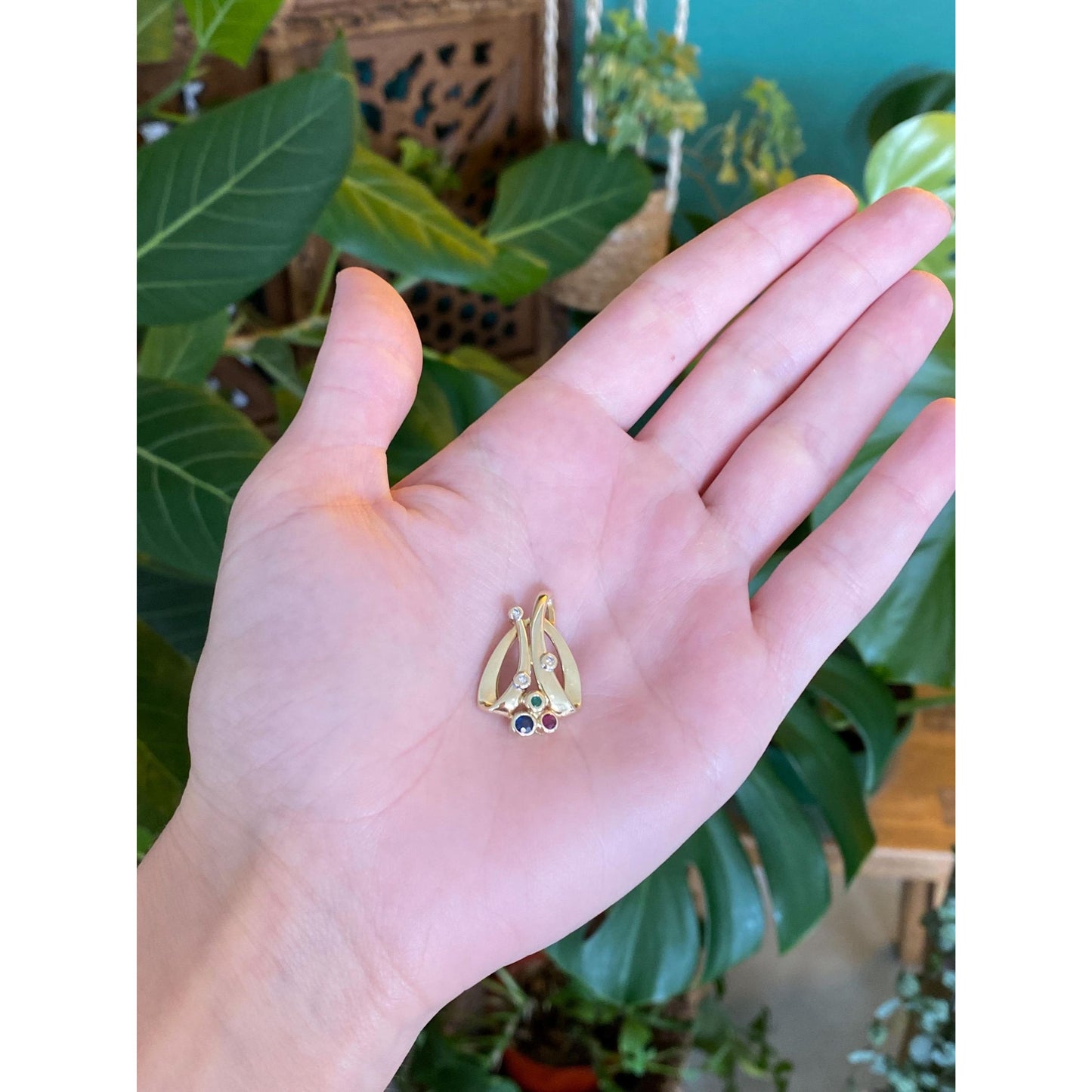 Vintage Solid 14k Yellow Gold Ruby Diamond Sapphire Emerald Slide Charm