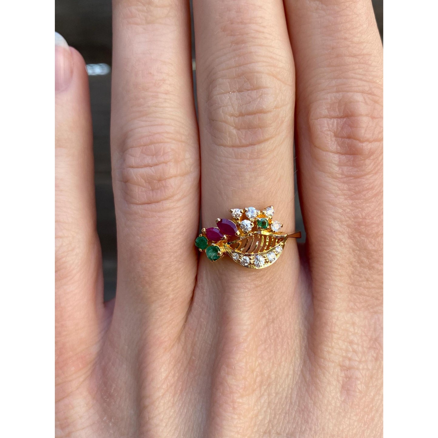 Vintage Solid 20k Yellow Gold Ruby Emerald Cubic Zirconia Ring - Size 6.75