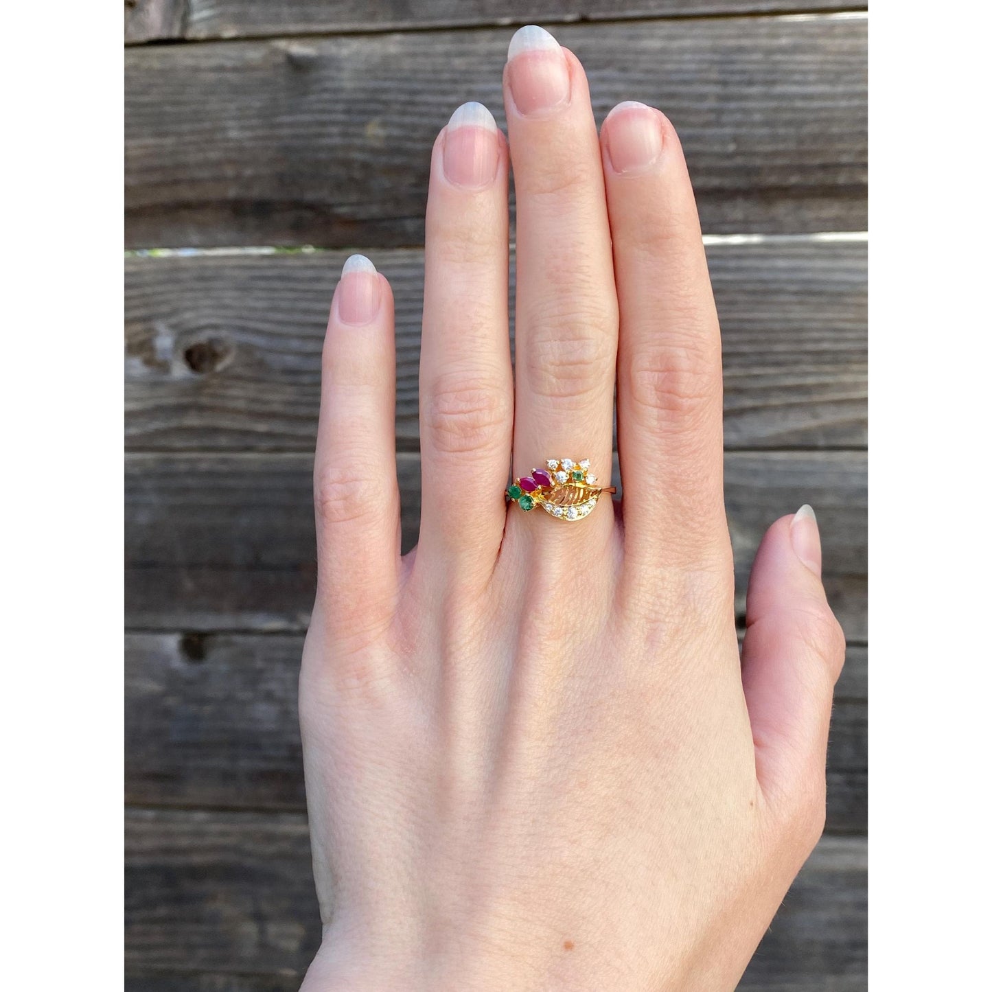 Vintage Solid 20k Yellow Gold Ruby Emerald Cubic Zirconia Ring - Size 6.75