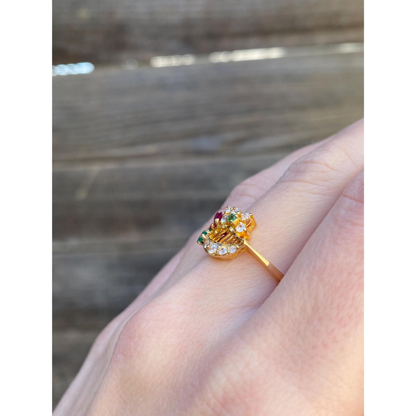 Vintage Solid 20k Yellow Gold Ruby Emerald Cubic Zirconia Ring - Size 6.75