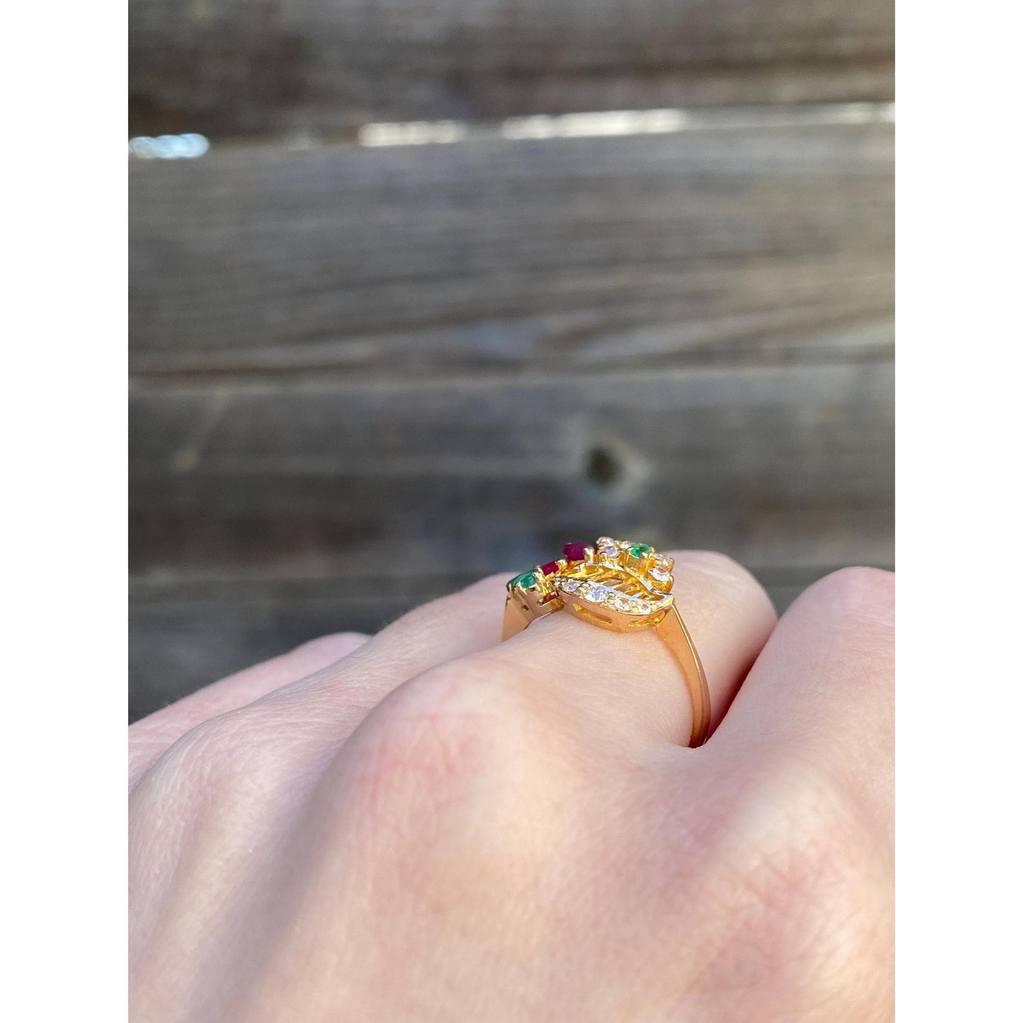 Vintage Solid 20k Yellow Gold Ruby Emerald Cubic Zirconia Ring - Size 6.75