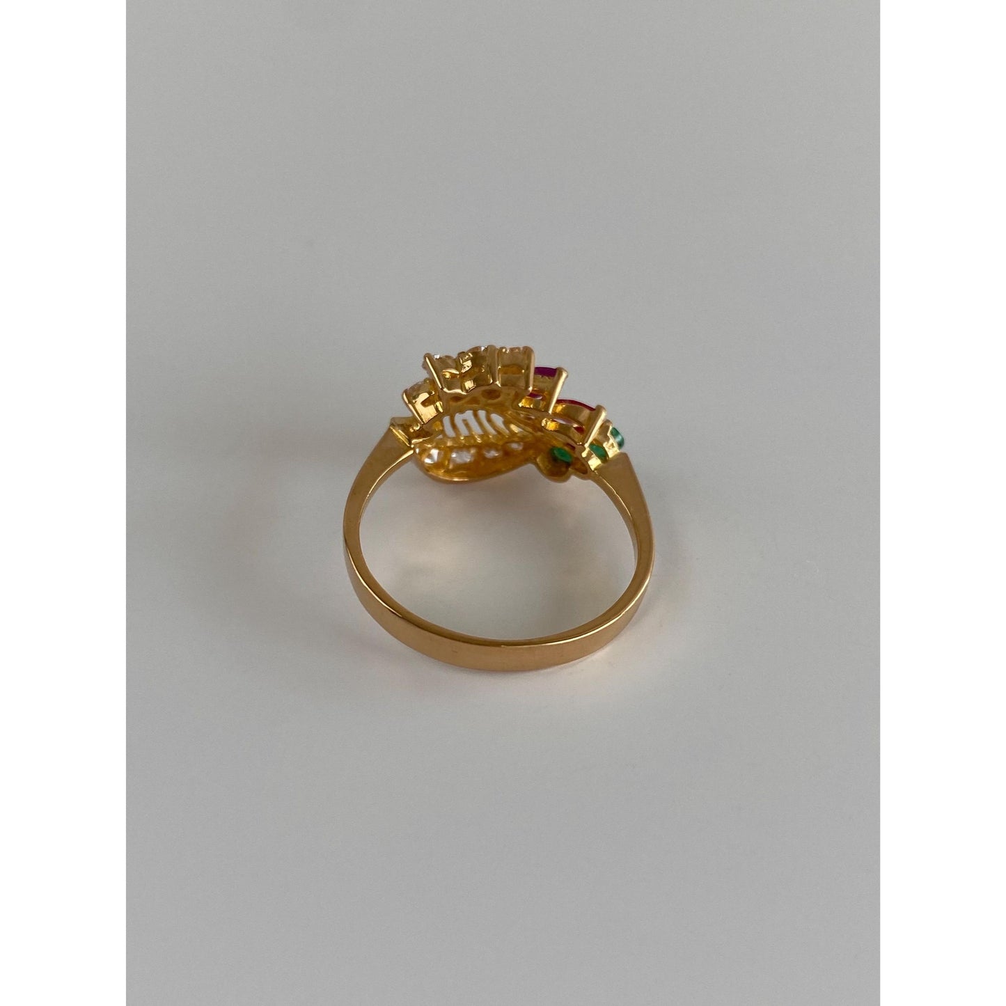 Vintage Solid 20k Yellow Gold Ruby Emerald Cubic Zirconia Ring - Size 6.75