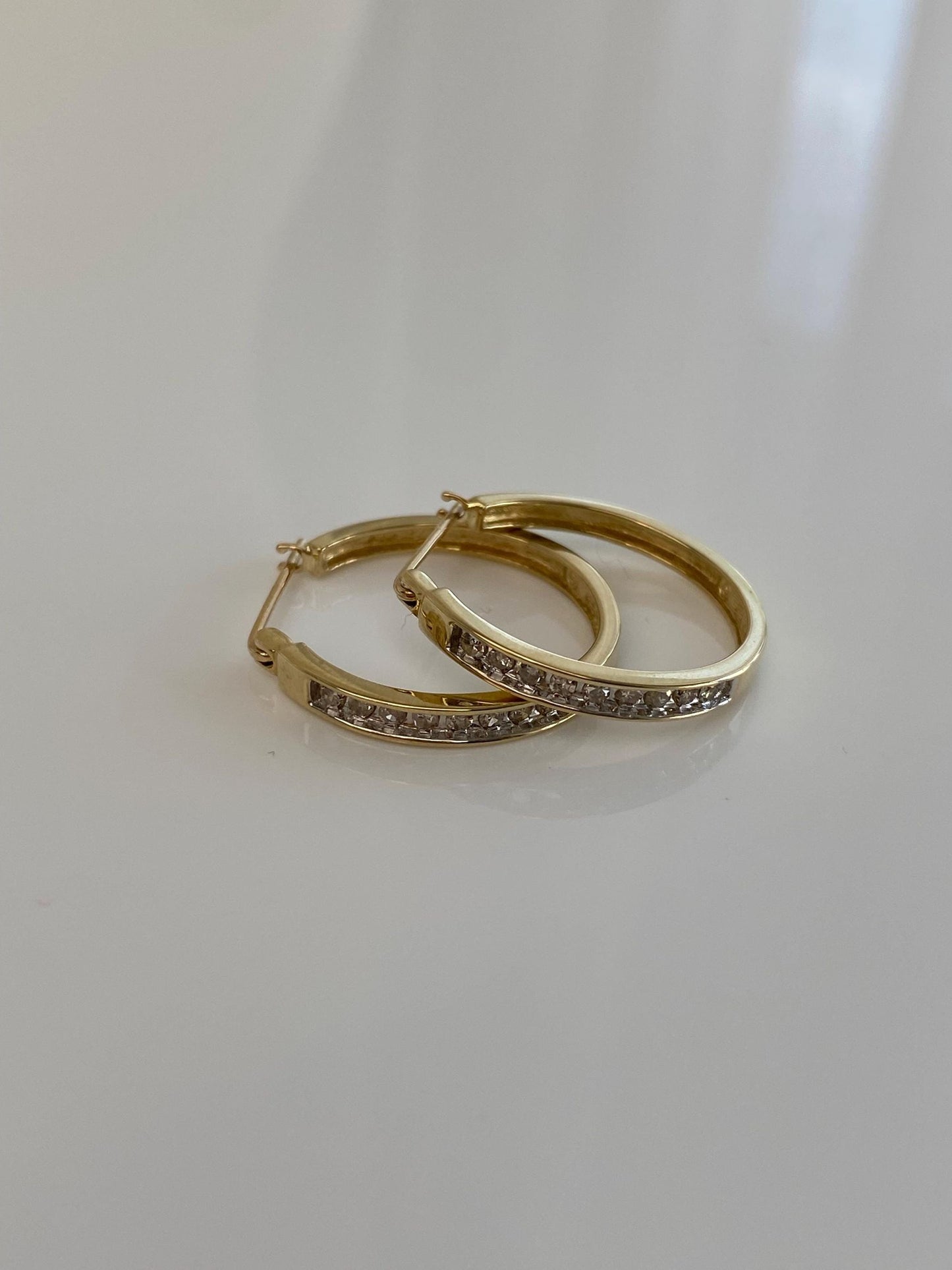 Vintage 10k Yellow Gold Clear Sapphire Hoop Earrings