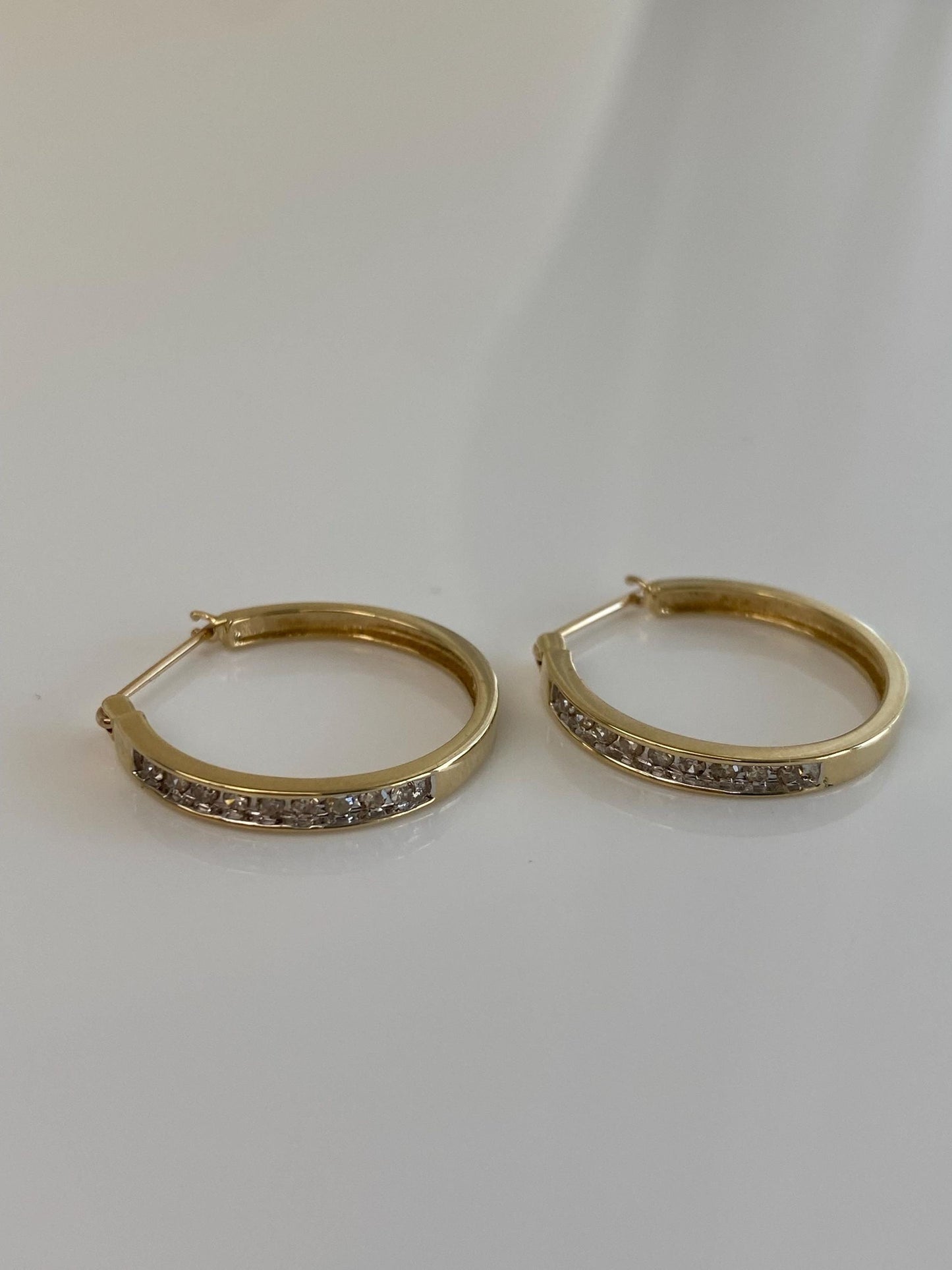 Vintage 10k Yellow Gold Clear Sapphire Hoop Earrings