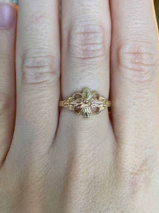 Solid 10k Black Hills Gold Diamond Cut Flower Ring - Size 6.75