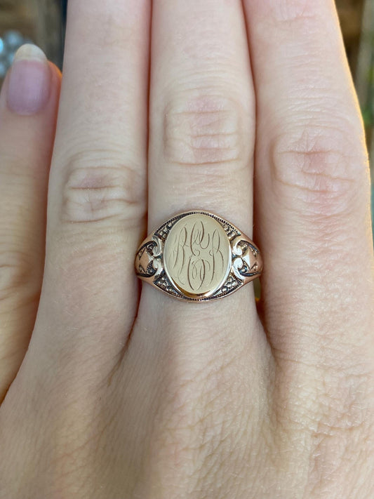 Vintage Solid 10k Rosey Gold Monogram Signet Ring - Size 7.5