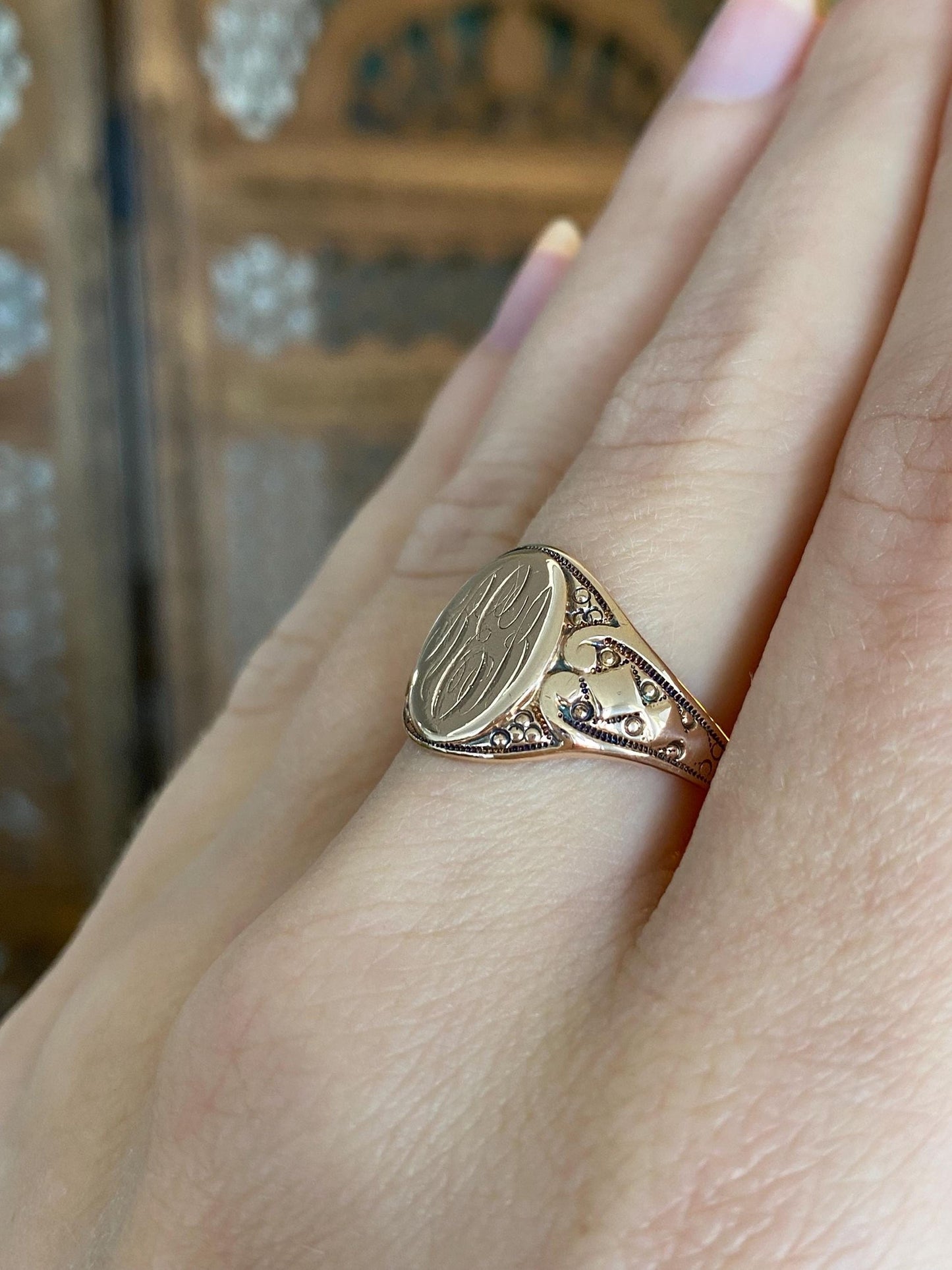 Vintage Solid 10k Rosey Gold Monogram Signet Ring - Size 7.5