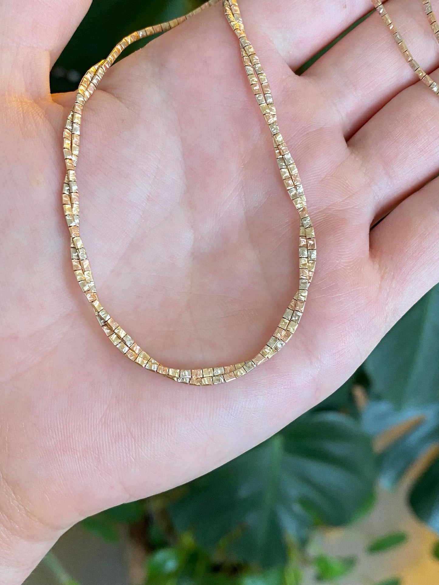 Vintage Solid 14k Tri Tone Gold Pattern Twisted Omega Chain Necklace - 16.5 inches