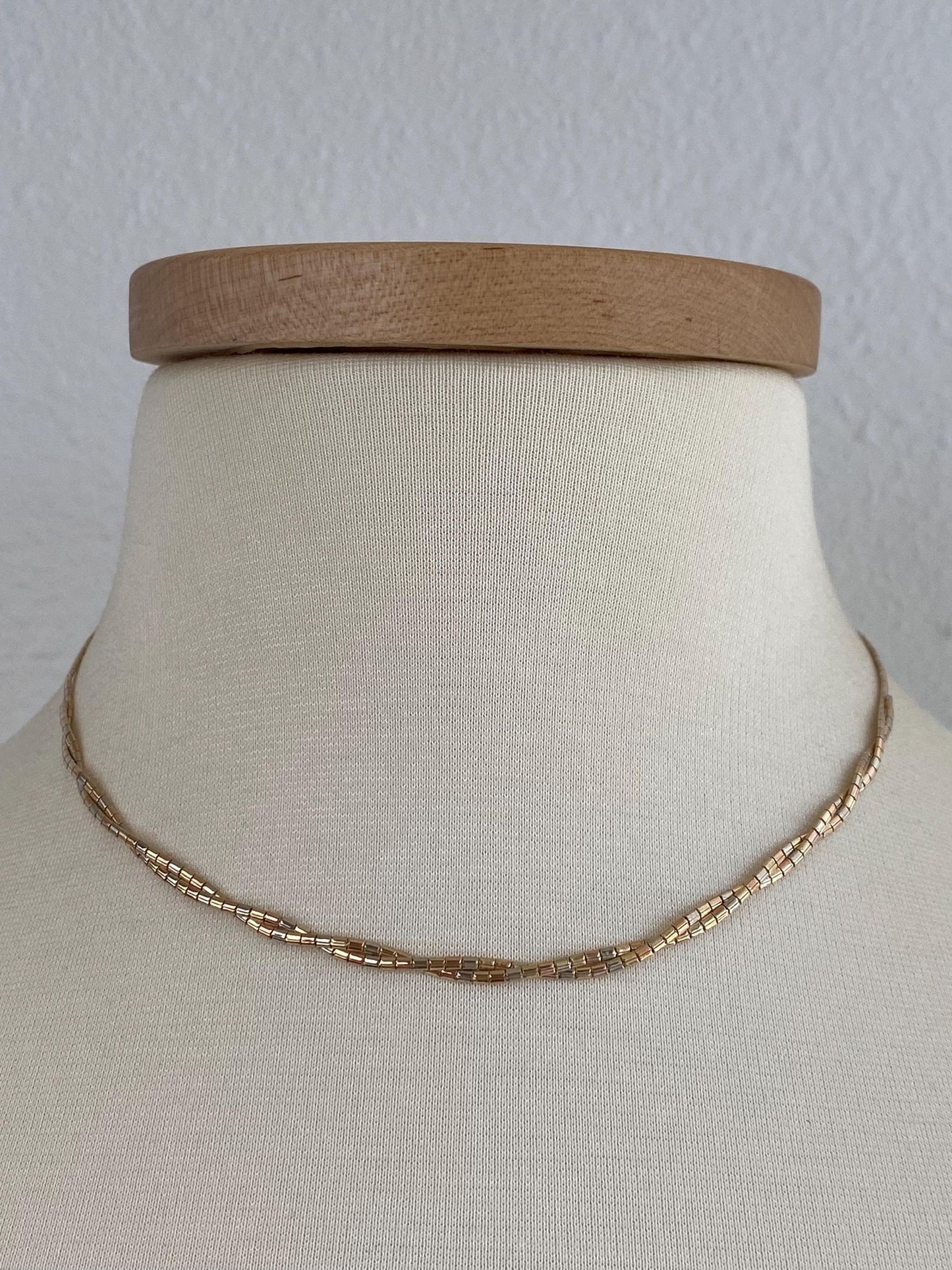 Vintage Solid 14k Tri Tone Gold Pattern Twisted Omega Chain Necklace - 16.5 inches