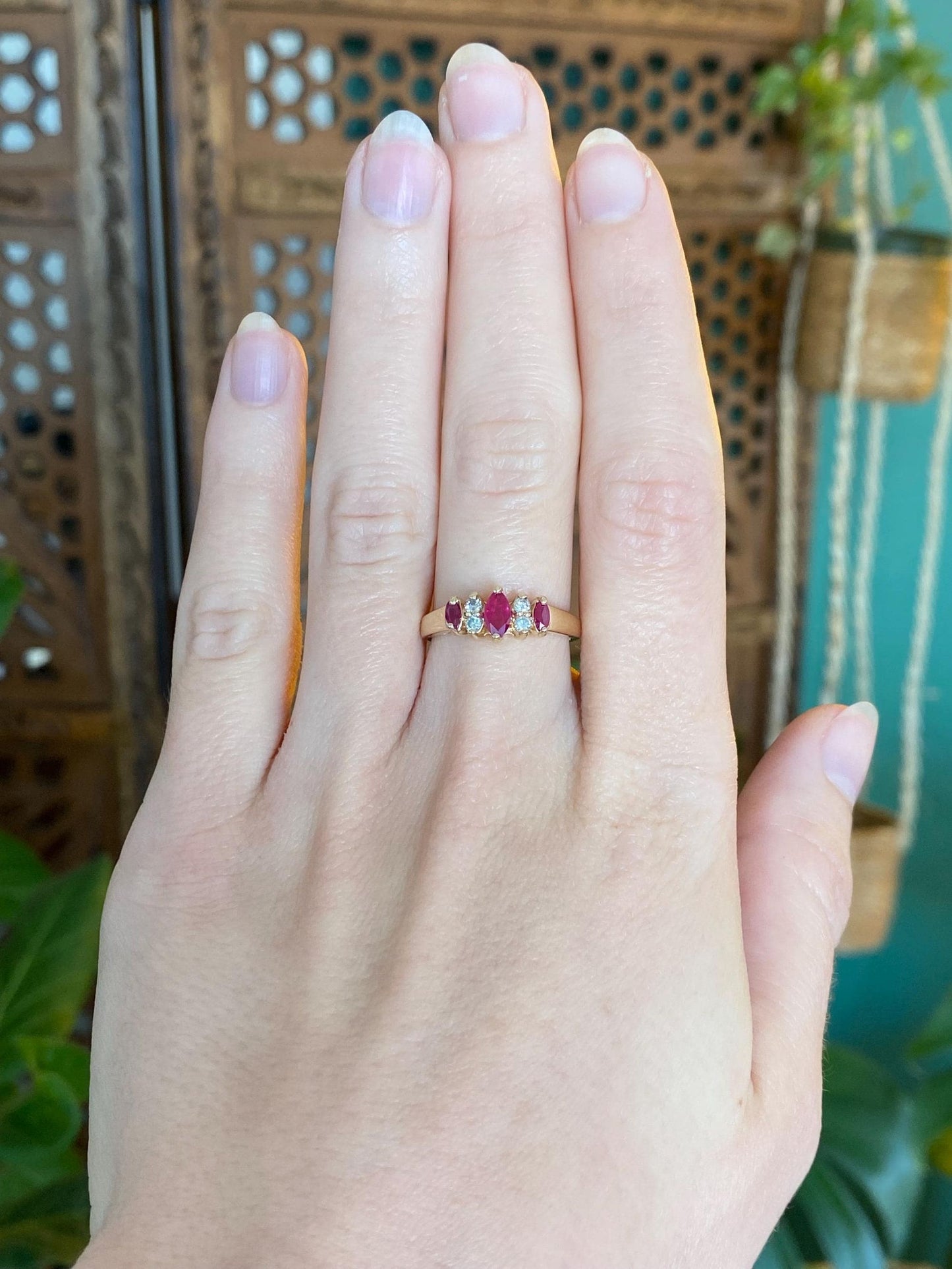 Vintage Solid 14k Yellow Gold Ruby Diamond Ring - Size 6.75