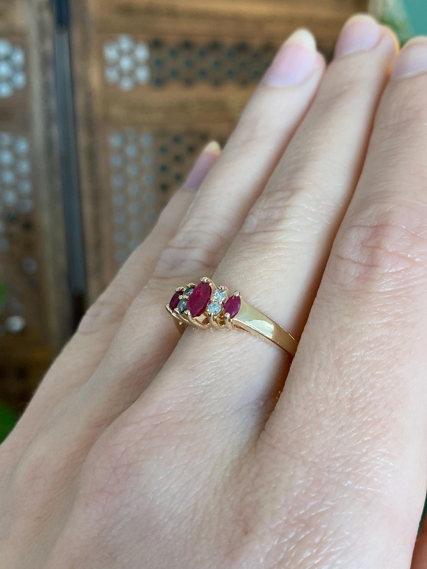 Vintage Solid 14k Yellow Gold Ruby Diamond Ring - Size 6.75