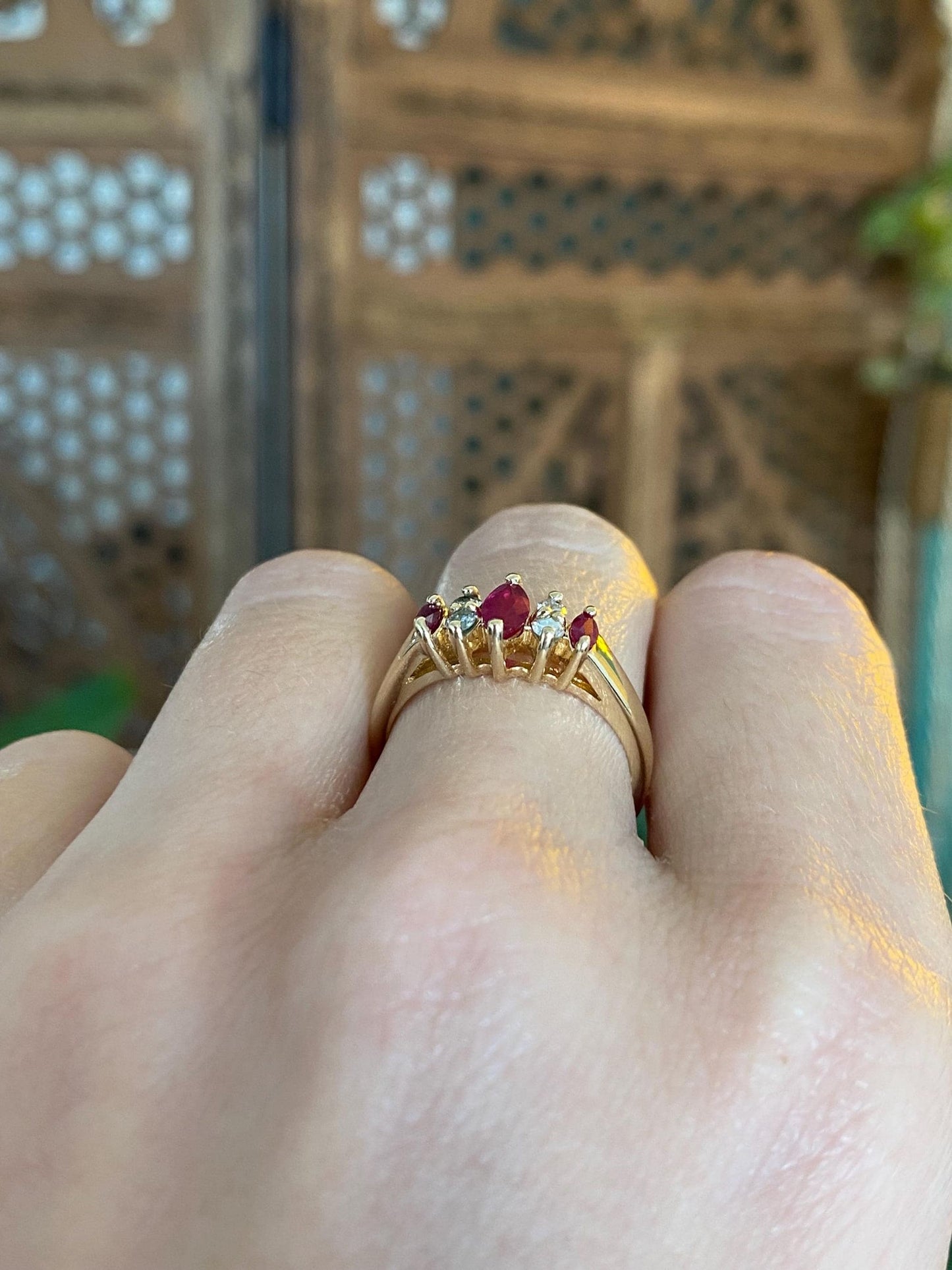 Vintage Solid 14k Yellow Gold Ruby Diamond Ring - Size 6.75