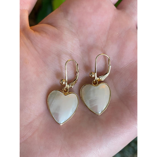 Vintage Solid 14k Yellow Gold Mother of Pearl Heart Dangle Earrings