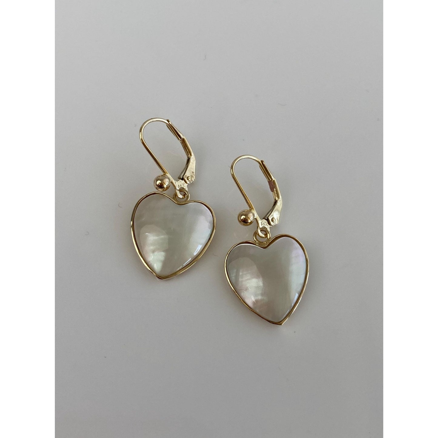 Vintage Solid 14k Yellow Gold Mother of Pearl Heart Dangle Earrings
