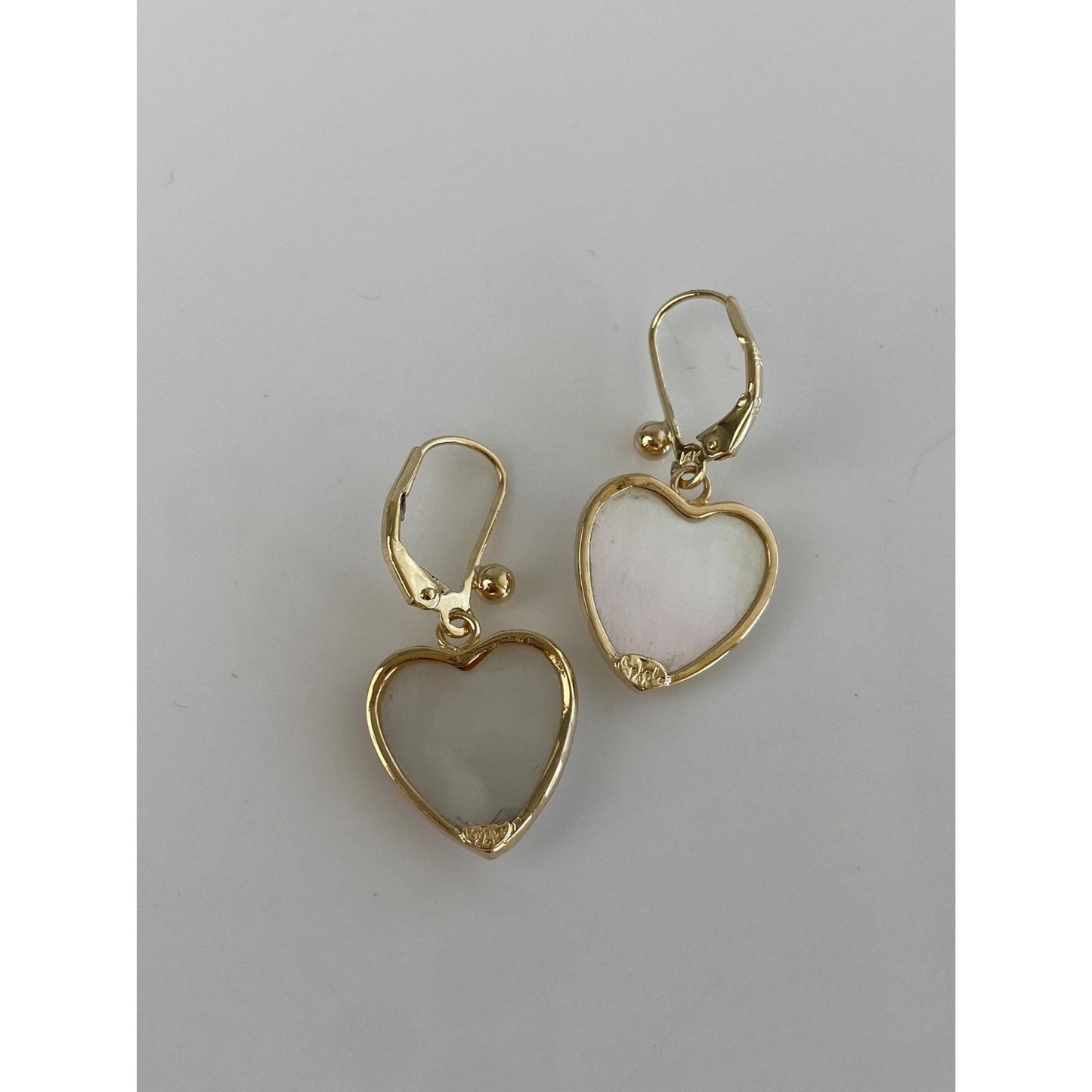 Vintage Solid 14k Yellow Gold Mother of Pearl Heart Dangle Earrings