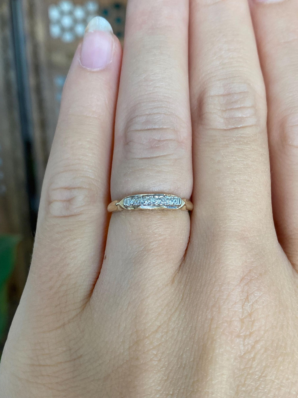 Vintage Solid 14k White & Yellow Gold Diamond Ring Band - Size 5