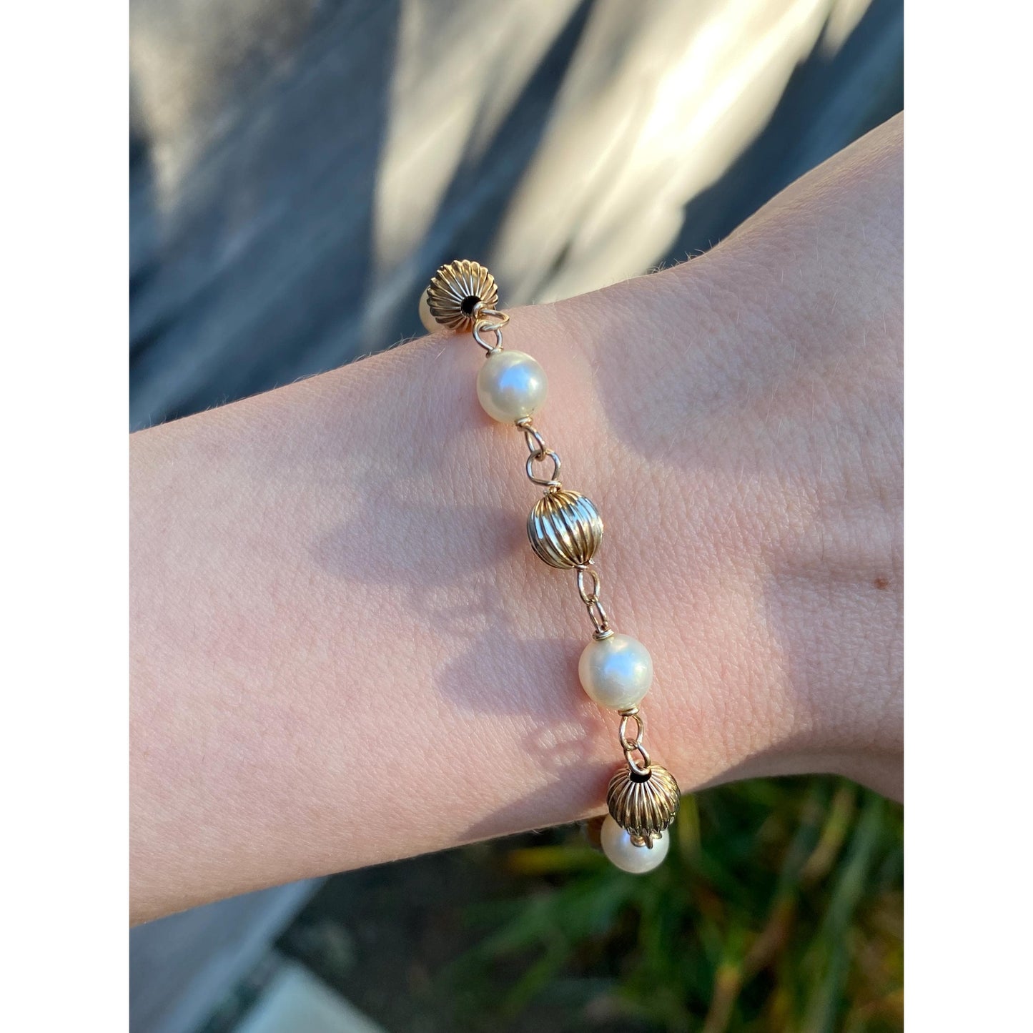 Vintage 14k Yellow Gold Fluted Gold Bead Pearl Link Bracelet - 7.25 inches