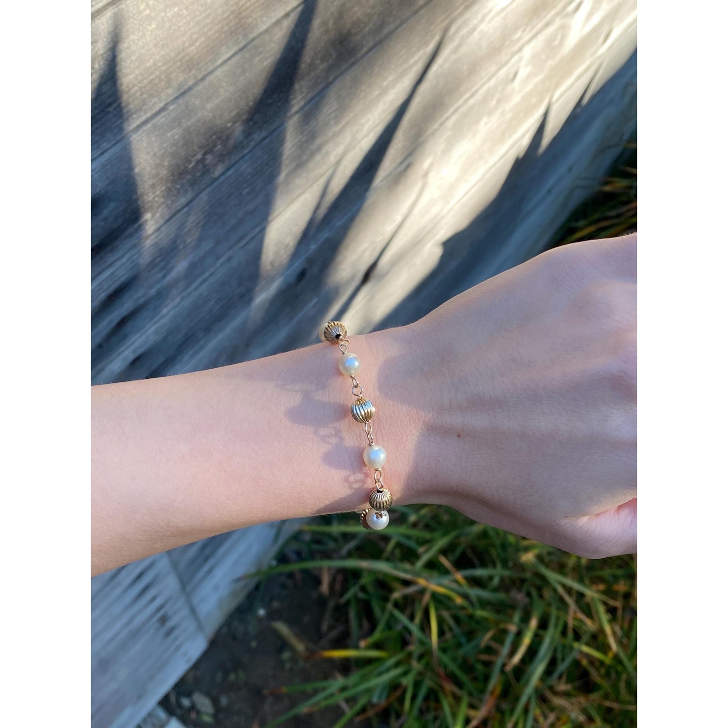 Vintage 14k Yellow Gold Fluted Gold Bead Pearl Link Bracelet - 7.25 inches