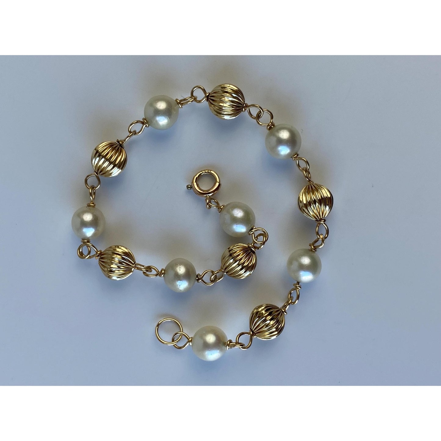 Vintage 14k Yellow Gold Fluted Gold Bead Pearl Link Bracelet - 7.25 inches