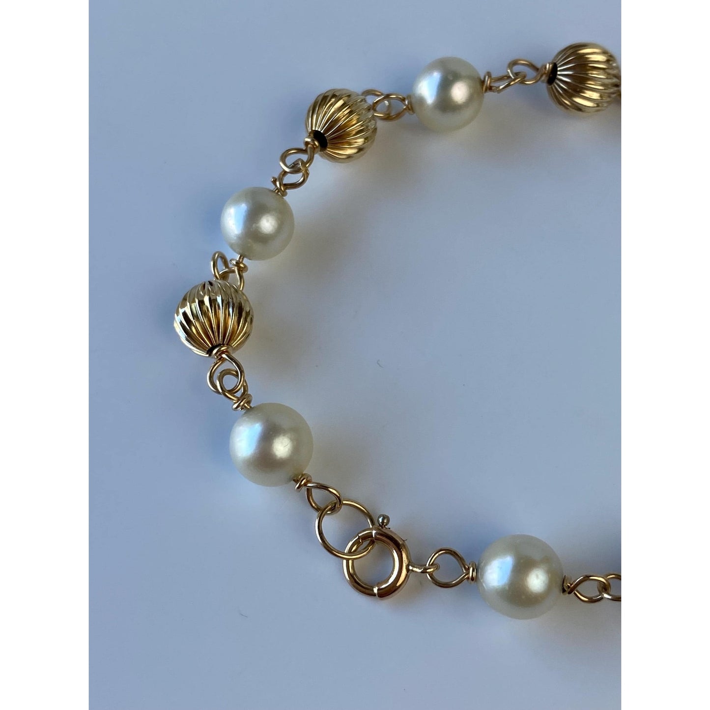 Vintage 14k Yellow Gold Fluted Gold Bead Pearl Link Bracelet - 7.25 inches