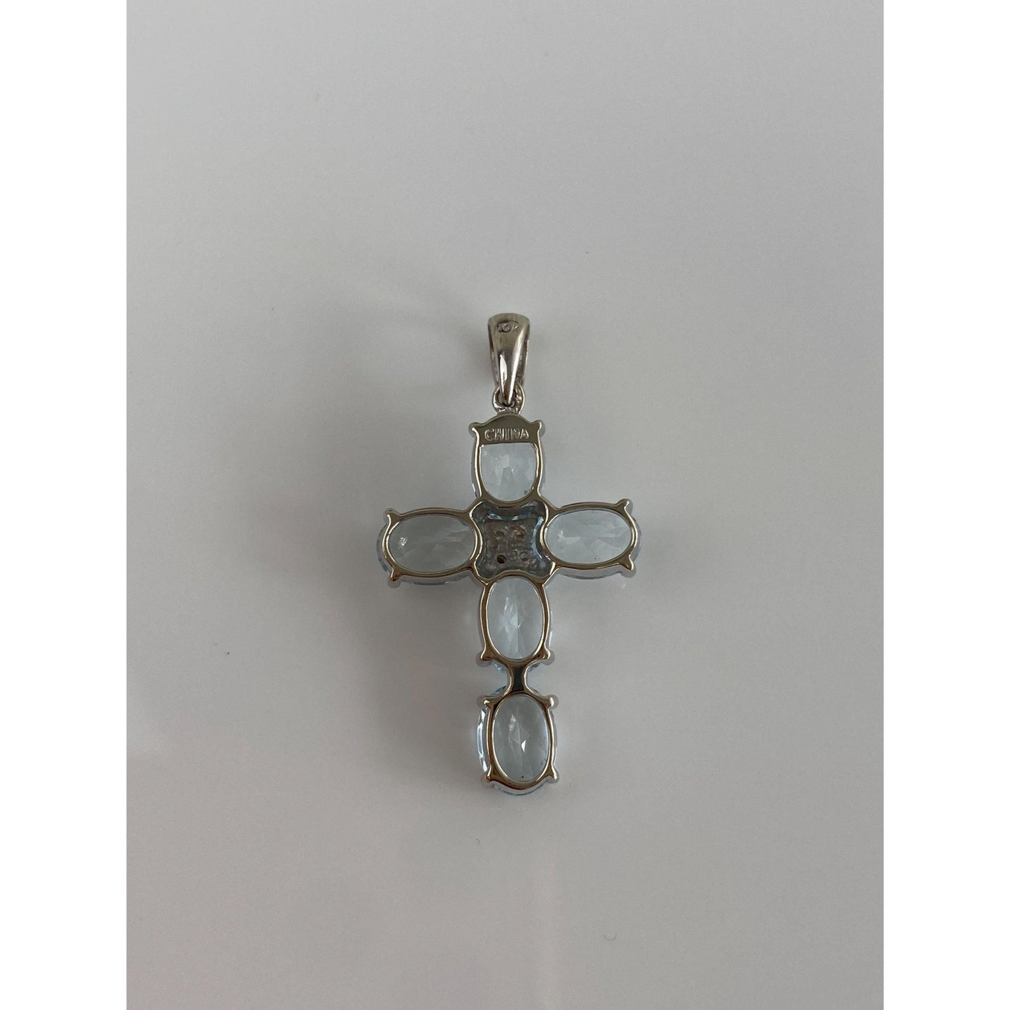 Vintage 10k White Gold Clear Sapphire Aquamarine Cross Charm