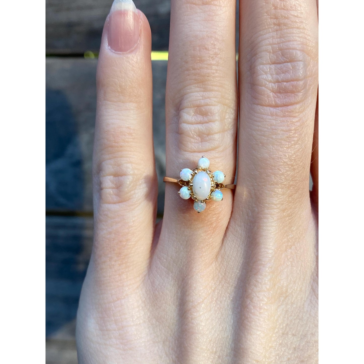 Vintage Solid 10k Yellow Gold Opal Halo Ring - Size 4.5