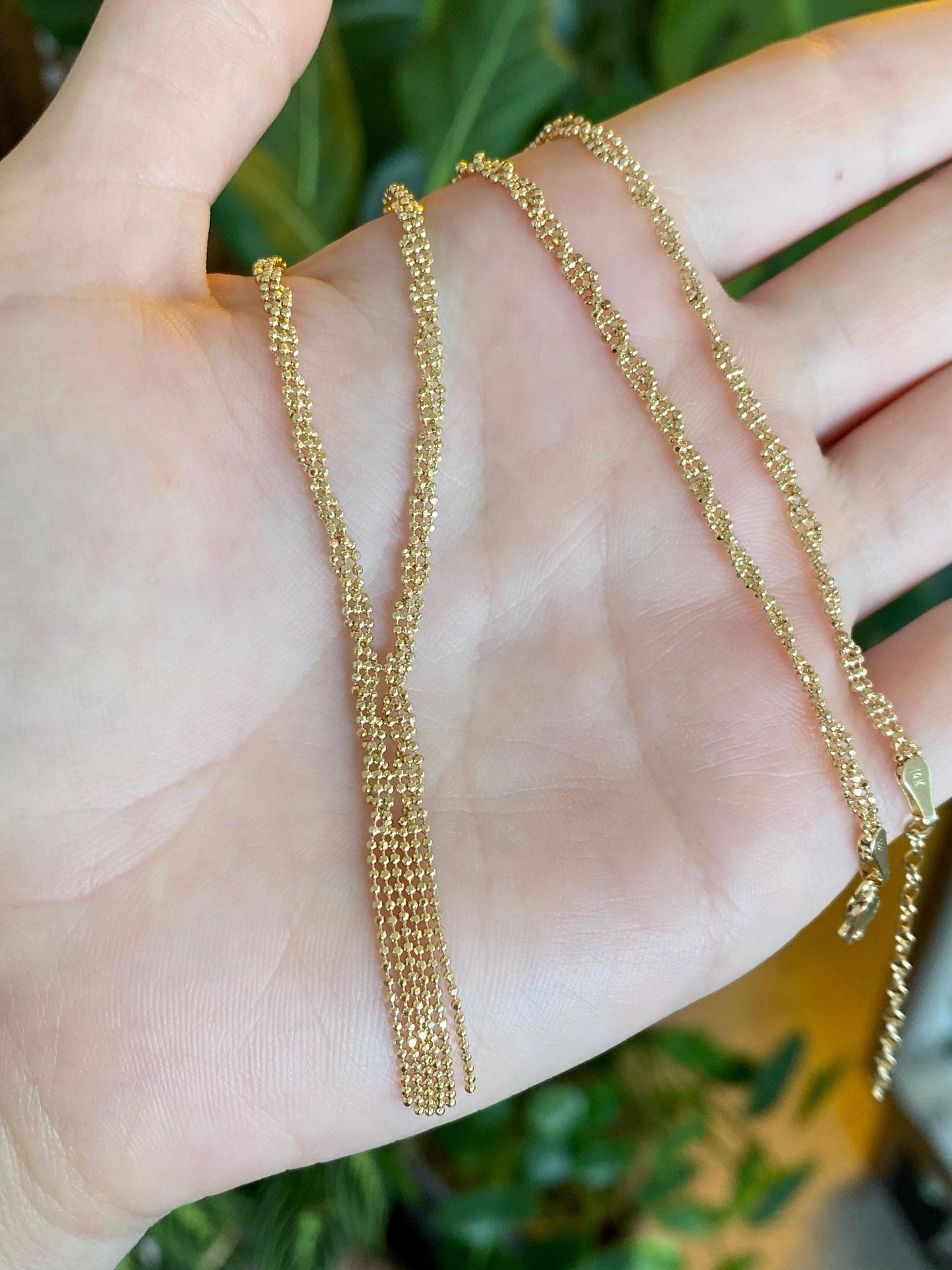 Vintage 14k Yellow Gold Twisted Faceted Ball Chain Fringe Necklace - 15.5-17.5 inches