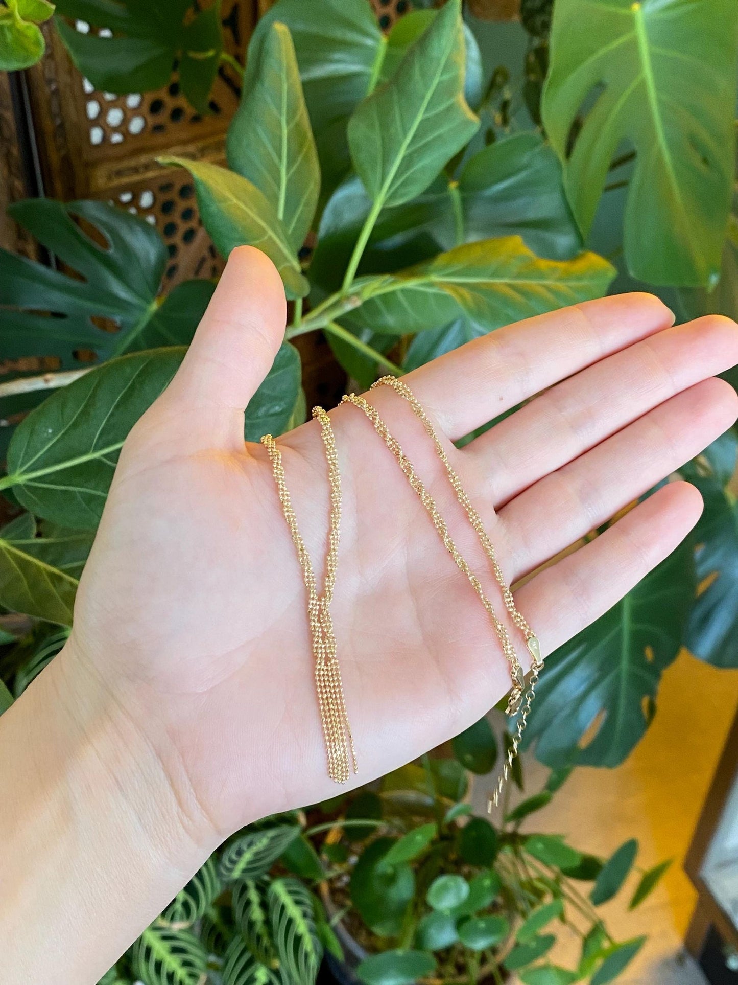 Vintage 14k Yellow Gold Twisted Faceted Ball Chain Fringe Necklace - 15.5-17.5 inches