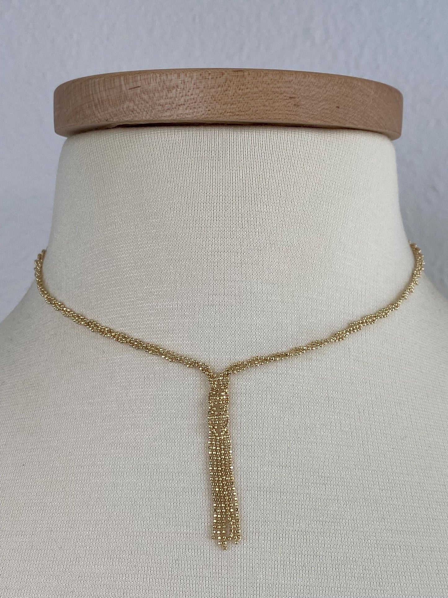 Vintage 14k Yellow Gold Twisted Faceted Ball Chain Fringe Necklace - 15.5-17.5 inches
