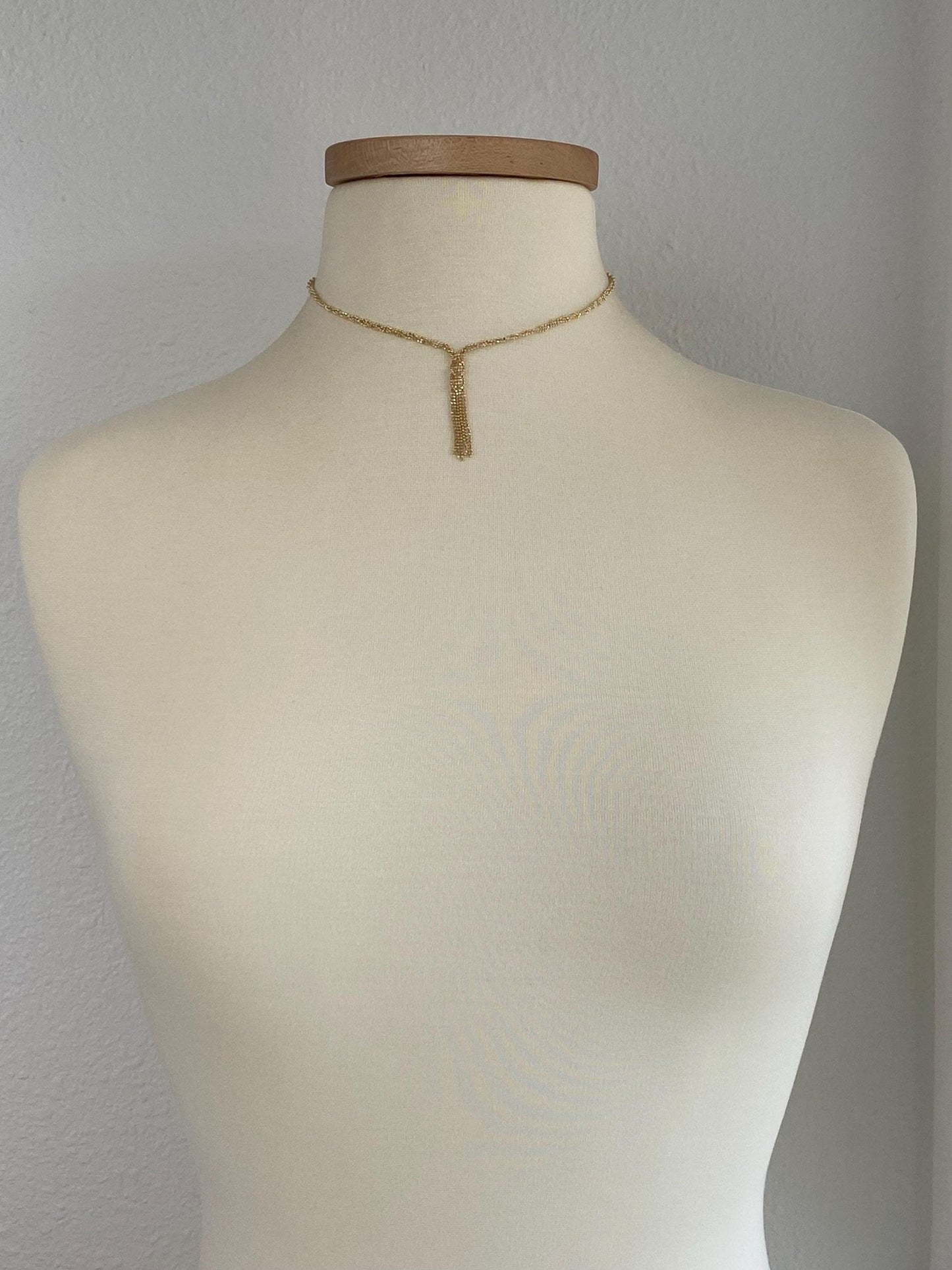 Vintage 14k Yellow Gold Twisted Faceted Ball Chain Fringe Necklace - 15.5-17.5 inches
