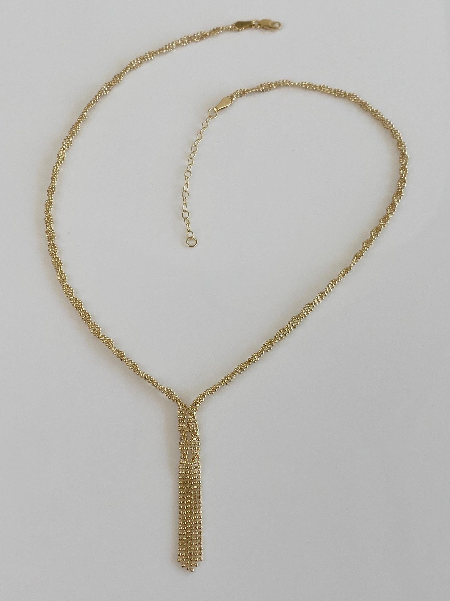 Vintage 14k Yellow Gold Twisted Faceted Ball Chain Fringe Necklace - 15.5-17.5 inches