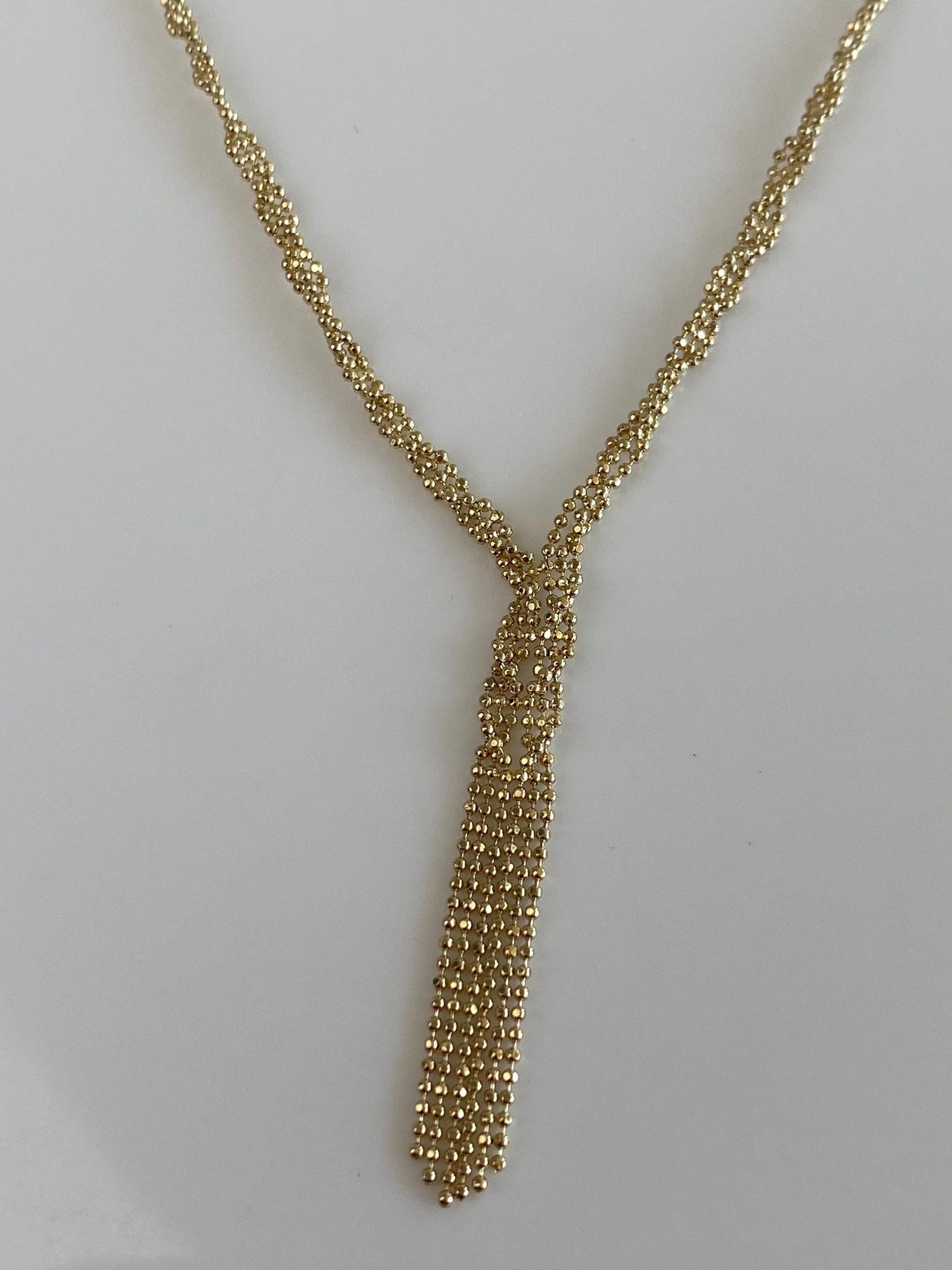 Vintage 14k Yellow Gold Twisted Faceted Ball Chain Fringe Necklace - 15.5-17.5 inches
