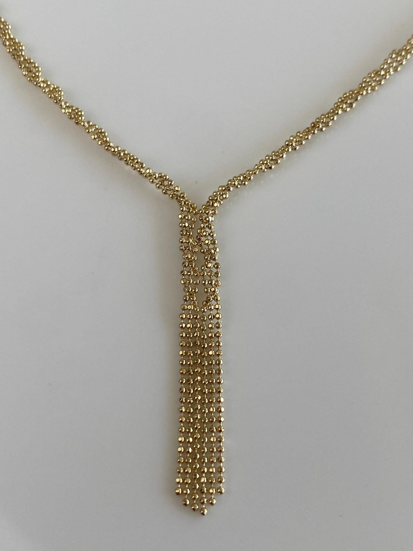 Vintage 14k Yellow Gold Twisted Faceted Ball Chain Fringe Necklace - 15.5-17.5 inches