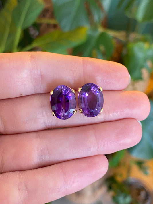 Vintage Solid 18k Yellow Gold Amethyst Drop Earrings