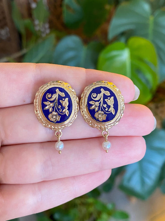 Vintage Solid 14k Yellow Gold Enamel Pearl Dangle Floral Drop Earrings