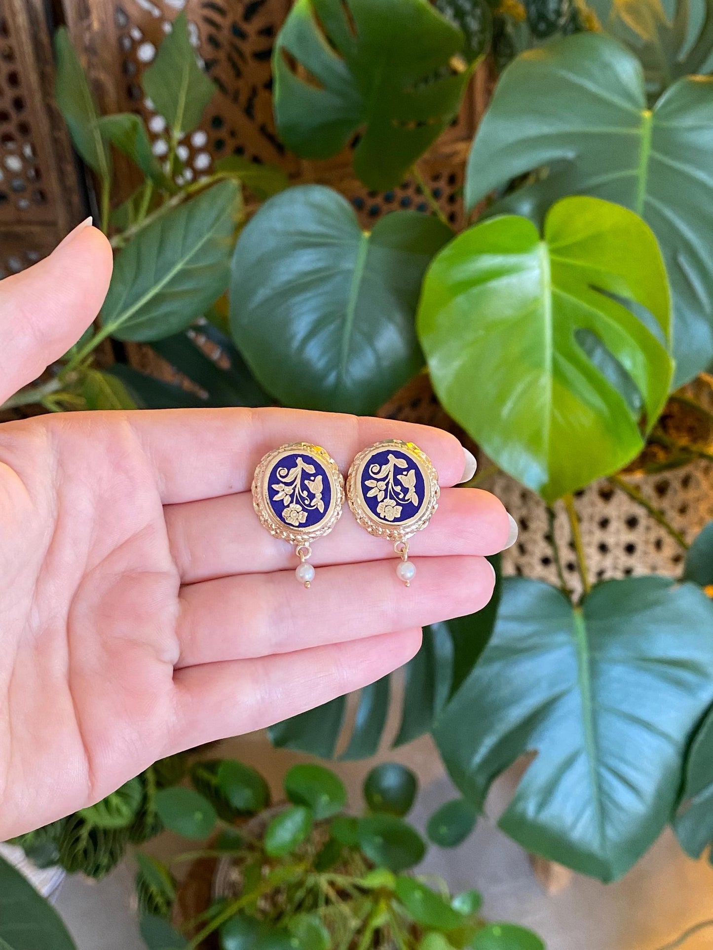 Vintage Solid 14k Yellow Gold Enamel Pearl Dangle Floral Drop Earrings