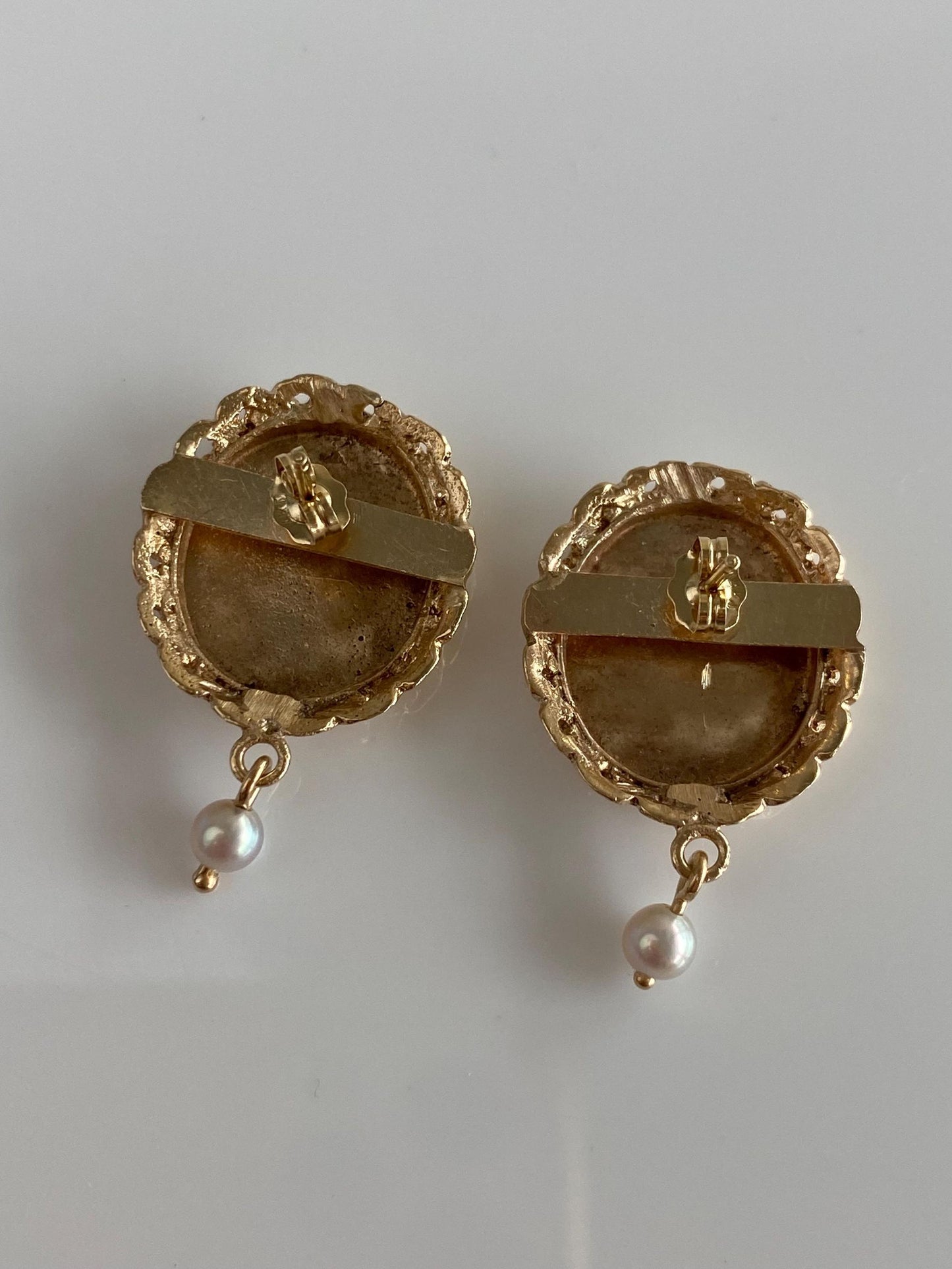 Vintage Solid 14k Yellow Gold Enamel Pearl Dangle Floral Drop Earrings