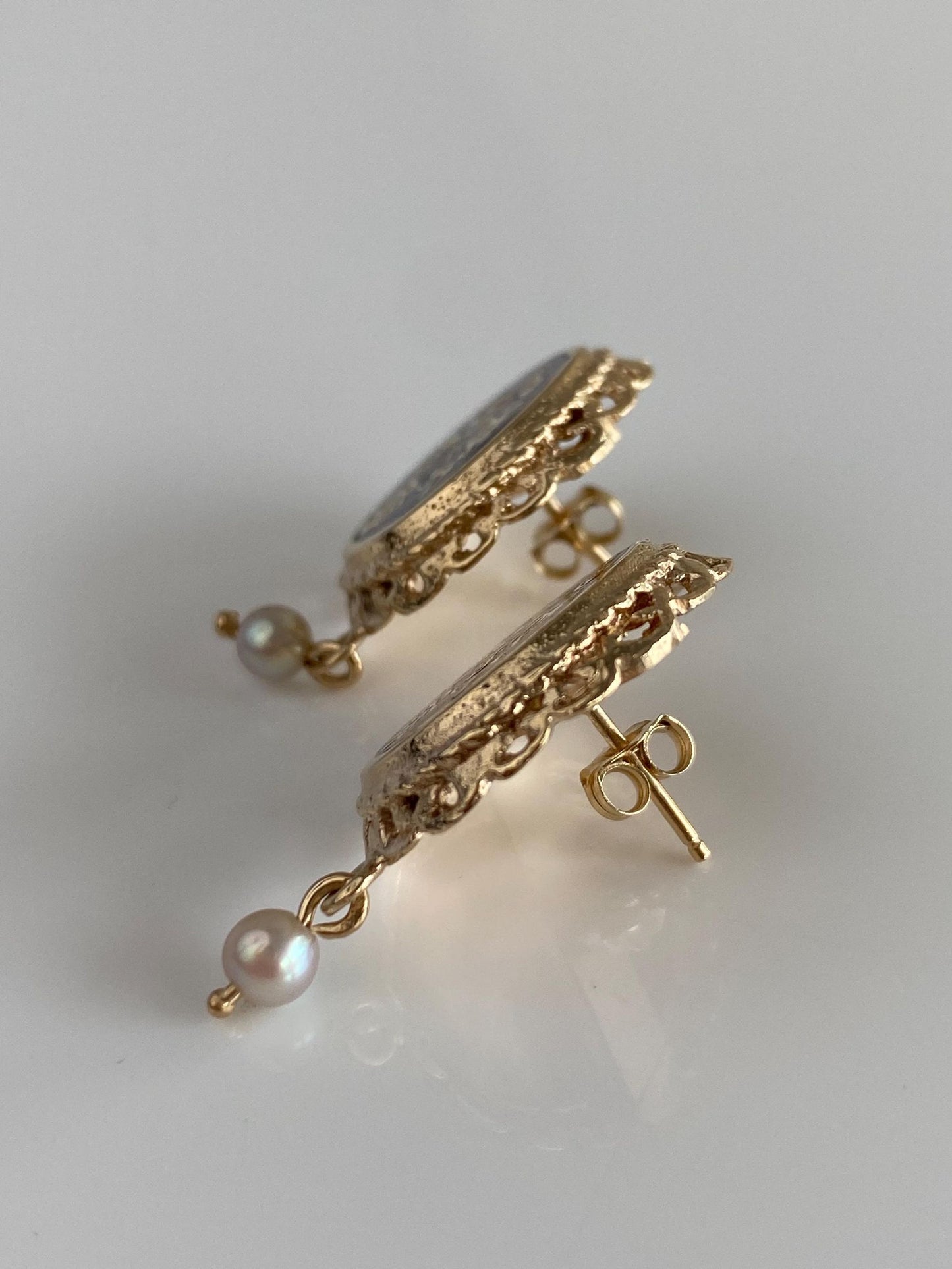Vintage Solid 14k Yellow Gold Enamel Pearl Dangle Floral Drop Earrings