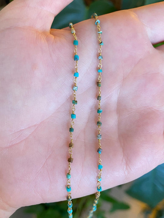 Vintage Solid 18k Yellow Gold Wire Wrapped Turquoise Bead Necklace - 16 inches